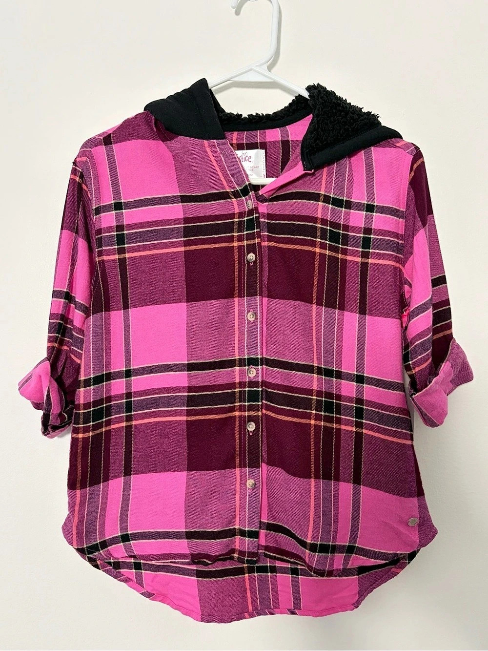 Justice Hooded Sherpa Flannel Girls Plaid Shirt Pink & Purple Size Medium